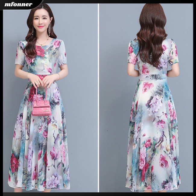 Đầm Dài Cổ Tròn Tay Ngắn Eo Cao In Họa Tiết Hoa Thời Trang Mùa Hè Xinh Xắn Cho Nữ