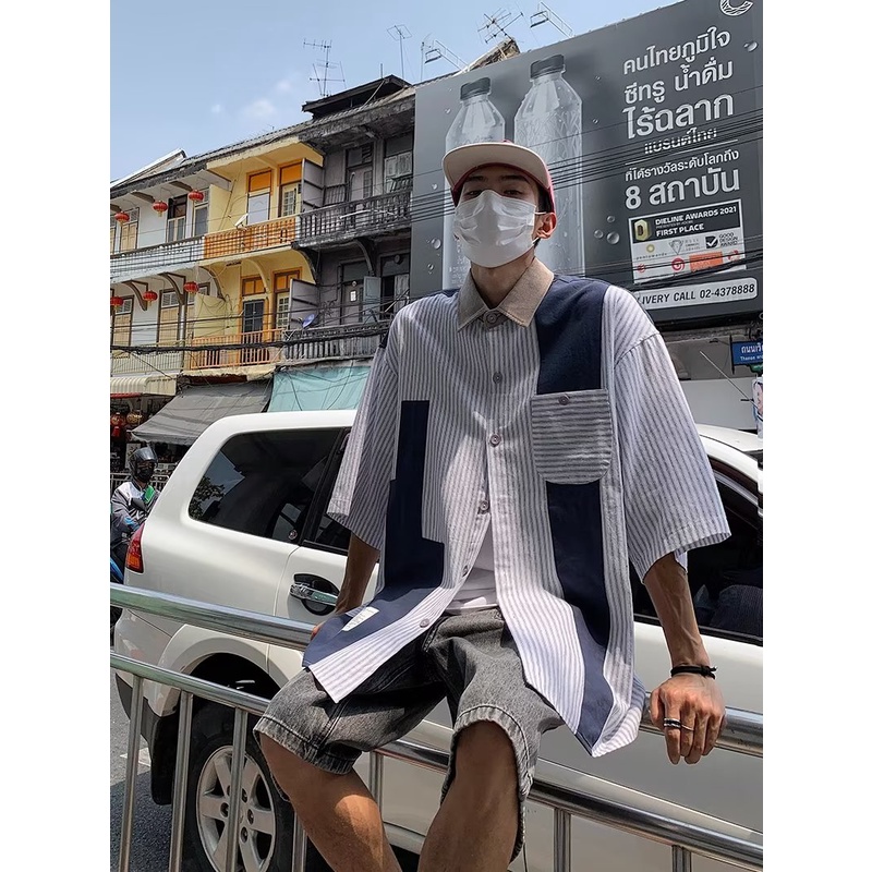 Áo Sơ Mi Tay Ngắn Kẻ Sọc Màu Sắc Tương Phản Cá Tính Cho Nam