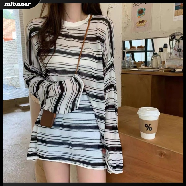 Áo Sweater Dệt Kim Dáng Rộng Cổ Tròn Họa Tiết Kẻ Sọc Thời Trang Cho Nữ