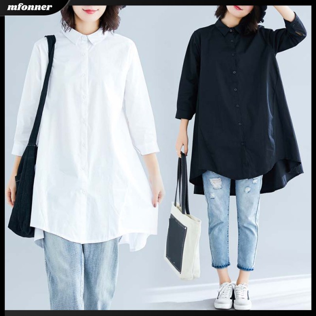 Áo Sơ Mi Cotton Lanh Tay Lửng Dáng Rộng Màu Sắc Đơn Giản Cho Nữ
