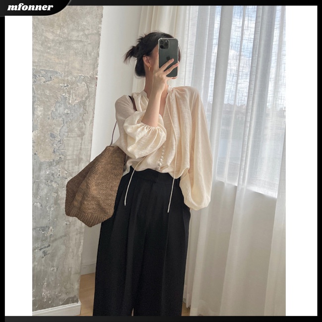 Áo Sơ Mi Nữ Tay Dài Cổ Chữ V Màu Sắc Thanh Lịch