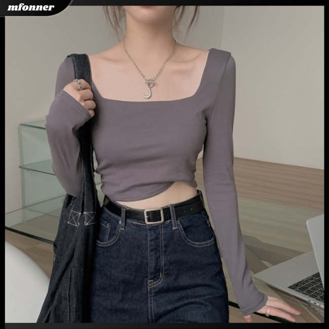 Áo Thun Crop Top Tay Dài Cổ Vuông Màu Sắc Đơn Giản Cho Nữ
