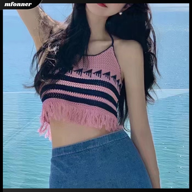 Áo Croptop Dệt Kim Phối Tua Rua Màu Tương Phản Thời Trang Mùa Hè Cho Nữ