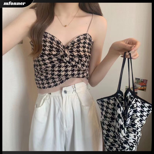 Áo Croptop Hai Dây Cổ Chữ V Dáng Ôm In Họa Tiết Houndstooth Thời Trang Cho Bạn Gái