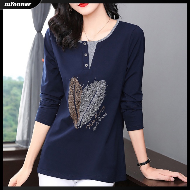 Áo Thun Nữ Tay Dài Cổ Tròn Dáng Rộng Có Nút Trang Trí Màu Sắc Tương Phản