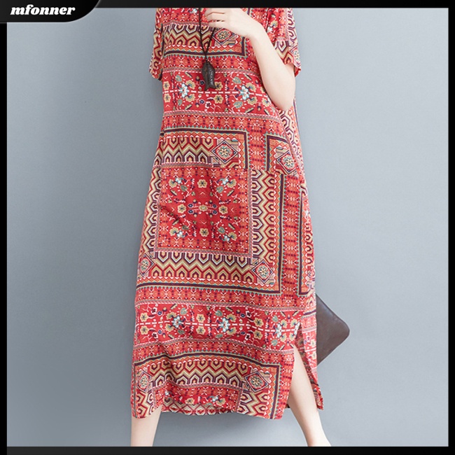 Đầm Cotton Pha Dáng Rộng Cổ Tròn Tay Ngắn In Họa Tiết Dân Tộc Cổ Điển Thời Trang Cho Nữ
