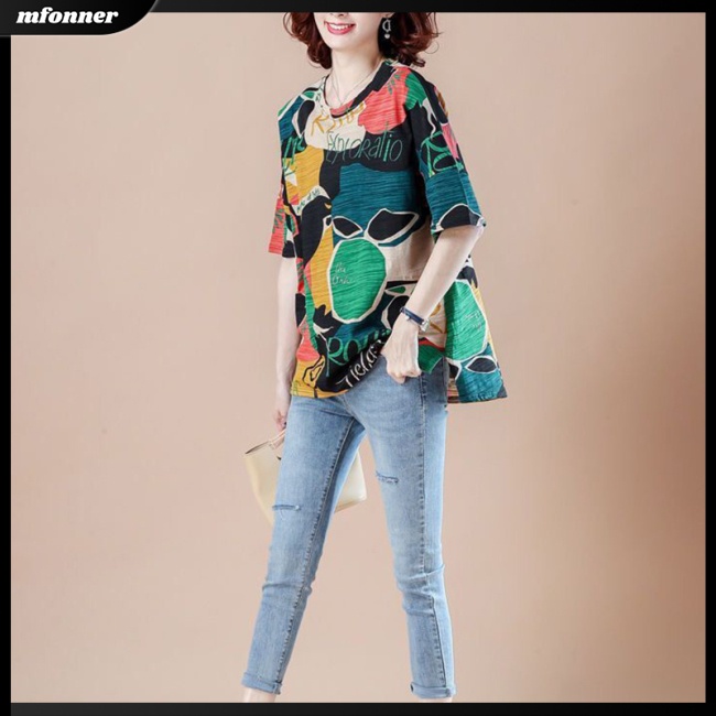 Áo Thun Tay Ngắn Dáng Rộng Cổ Tròn In Họa Tiết Thời Trang Cho Nữ