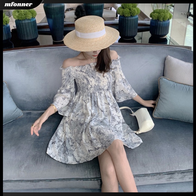 Đầm Chữ A Cổ ThuyềN Tay XòE In Hoa ThờI Trang Cho Nữ