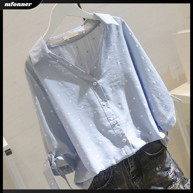 Áo Sơ Mi Nữ Tay Lửng Cổ Chữ V Họa Tiết Chấm Bi Thời Trang
