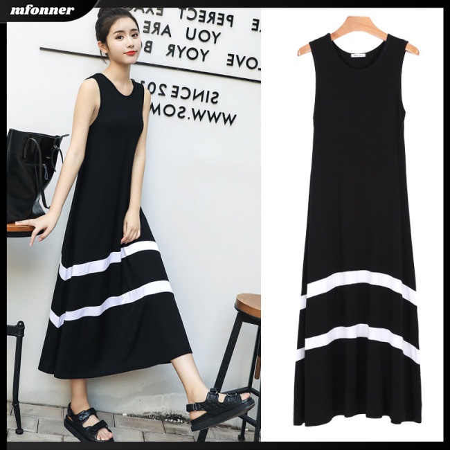 Đầm Sát Nách Dáng Rộng Vải Lụa Sữa In Họa Tiết Kẻ Sọc Cá Tính Cho Nữ