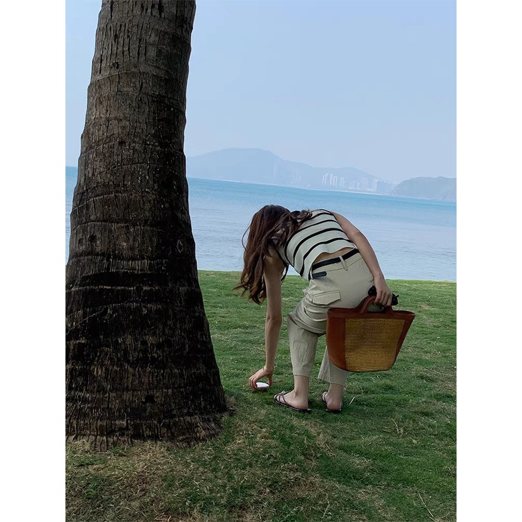 Áo Tank Top Dệt Kim Sát Nách Kẻ Sọc Đen Cá Tính Cho Nữ