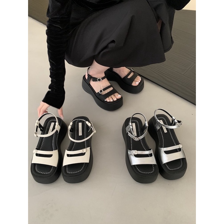 Giày Sandal Bằng Da PU Đế Bằng 4CM Hở Ngón Màu Trơn Thời Trang Mùa Hè Dành Cho Nữ