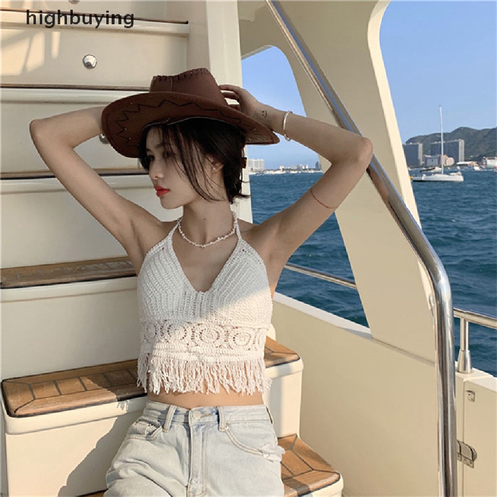 Hbvn Belle Áo Ngực Crop Top Hai Dây Tua Rua Khoét Rỗng Gợi Cảm Đi Biển Cho Nữ Modish