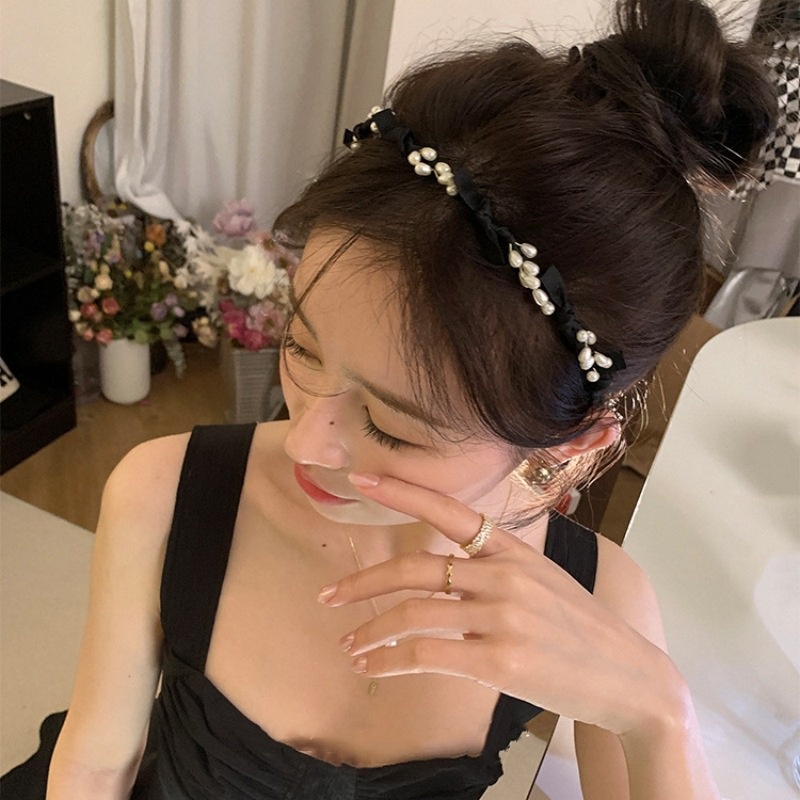 Băng Đô Cài Tóc Hình Nơ Phối Lưới Đính Ngọc Trai Trắng Đen Lãng Mạn Thời Trang Cho Nữ Mã 2023