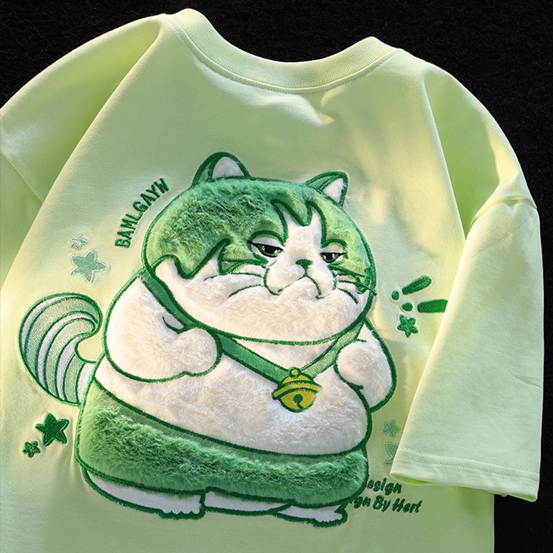 Áo phông nữ cotton 100% mèo đại ca mập ú dễ thương màu xanh bơ ngọt ngào đáng yêu oversize ngắn tay cổ tròn