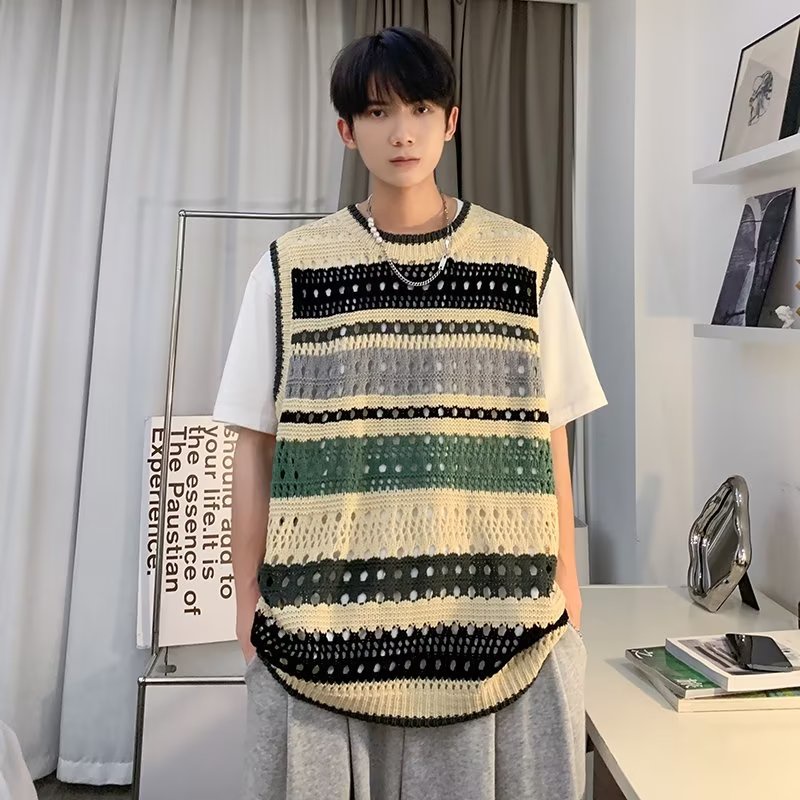 Áo Ba Lỗ Dệt Kim Vải Len Cổ Tròn Dáng Rộng Phong Cách Harajuku Trẻ Trung Thời Trang Mùa Hè Mới Cho Nam