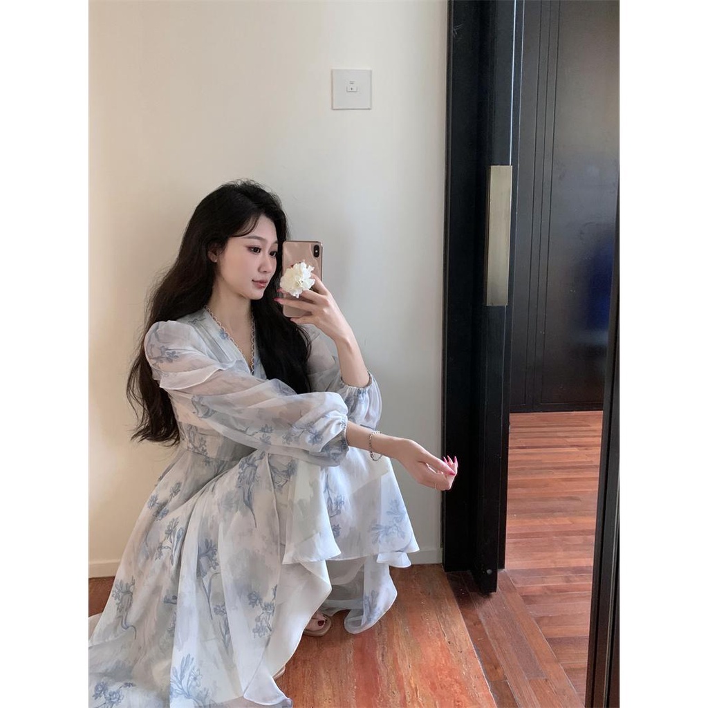 Đầm maxi Vải Voan Cổ V Tay Dài In Hoa Kiểu Pháp Thời Trang Mùa Hè Cho Nữ