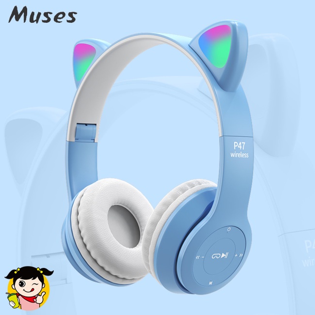 Tai Nghe Chụp Tai P47m Bluetooth Không Dây Thiết Kế Tai Mèo Dạ Quang Dễ Thương