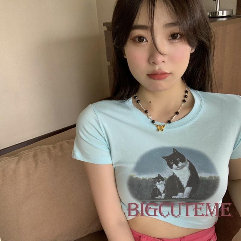 Áo Thun Crop Top Tay Ngắn Cổ Tròn In Hình Mèo Thời Trang Xuân Hè Cá Tính Cho Nữ
