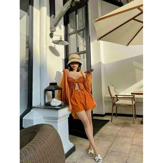 Sét bộ đồ nữ mặc đi chơi gồm 3 món áo sơ mi dài tay + áo bra cột nơ kèm quần đùi cực sexy
