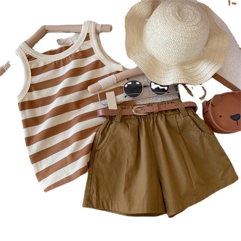 Bộ Đồ Thời Trang Mùa Hè Phong Cách Hàn Quốc Tay Ngắn Kẻ Sọc Kèm Thắt Lưng Cho Bé Gái