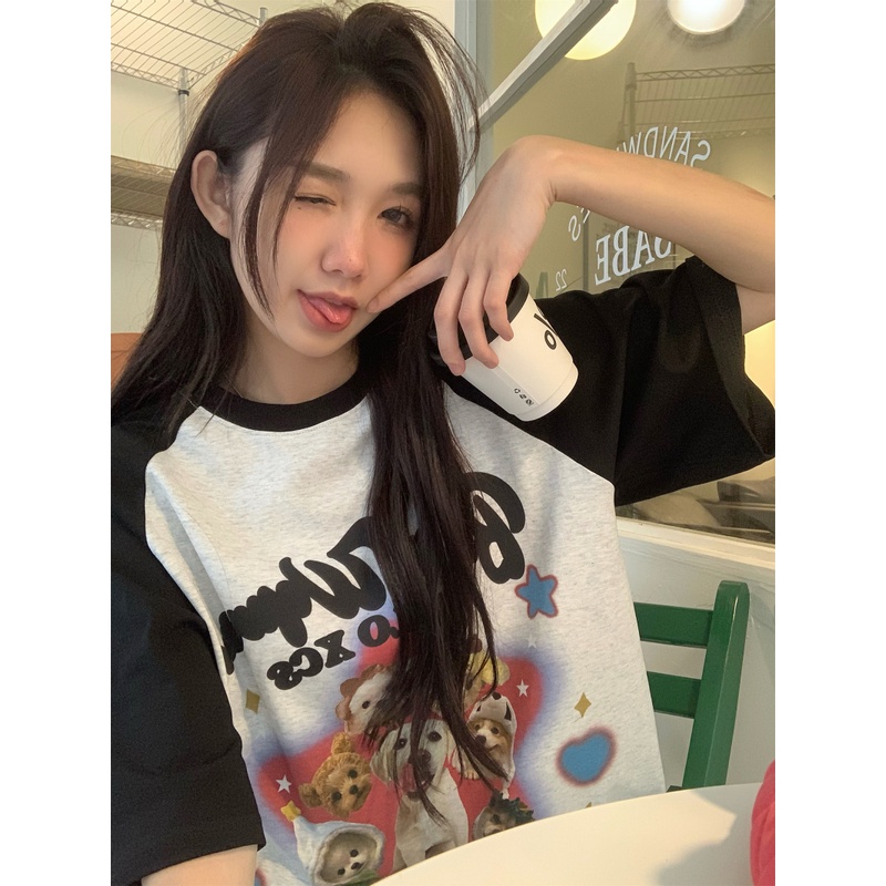 Áo Thun Ngắn Tay Dáng Rộng In Hình Chú Chó Phối Màu Tương Phản Dễ Thương