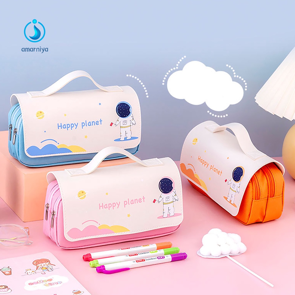 (Shop Amart) Túi Đựng Bút 2 Ngăn Đa Năng Bằng Vải Canvas In Hình Phi Hành Gia