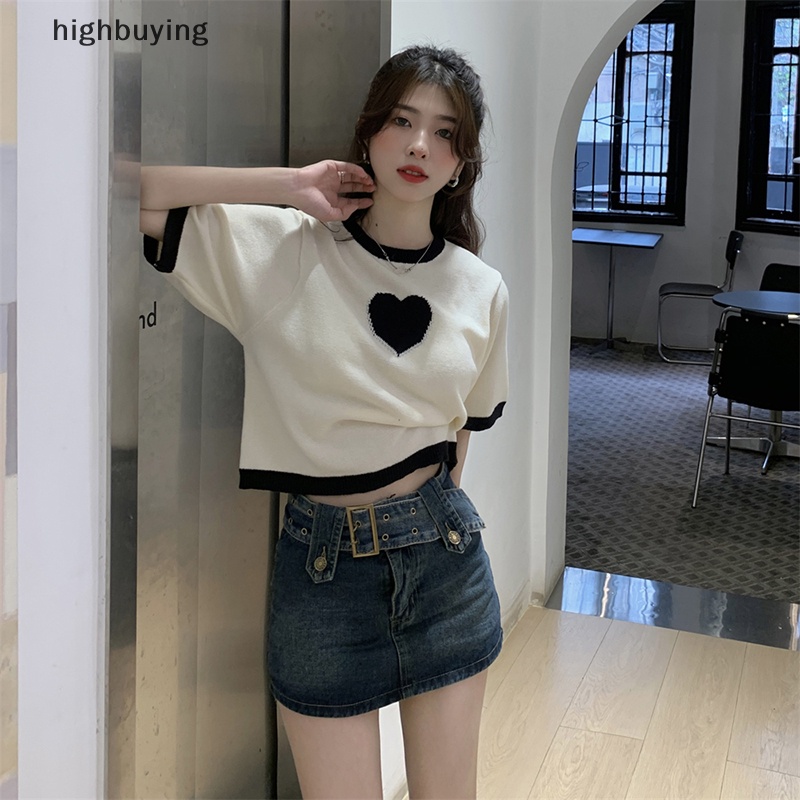 Áo Thun Croptop Dệt Kim Tay Ngắn Cổ Tròn Dáng Rộng In Hình Trái Tim Thời Trang Mùa Hè Cho Nữ