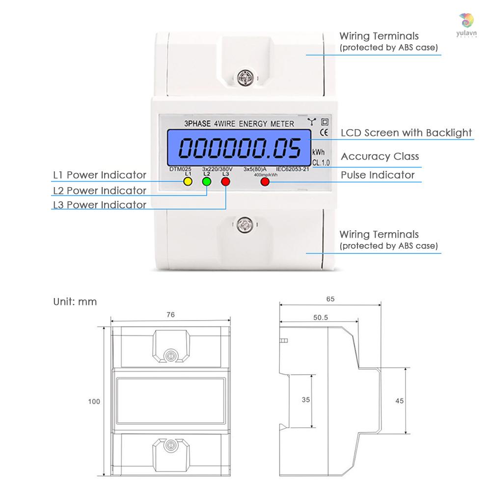 Đồng Hồ Đo Năng Lượng Mặt Trời 3 Pha 4 Dây 220 / 380V 5-80A Màn Hình LCD