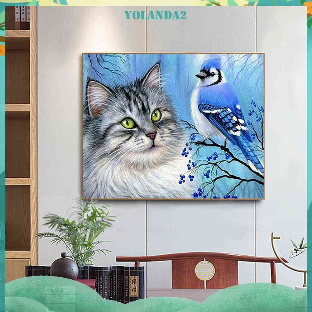 Bộ Tranh Đính Đá Toàn Diện Họa Tiết Mèo Và Chim Độc Đáo Trang Trí Nhà Cửa