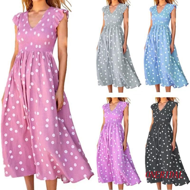Đầm Xòe Cổ Chữ V Tay Xếp Nếp In Họa Tiết Chấm Bi Phong Cách Bohemian Dễ Thương Thời Trang Mùa Hè Cho Nữ