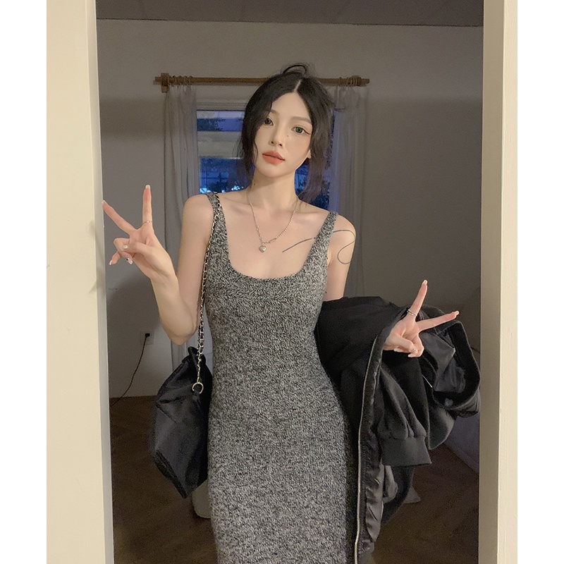 Đầm Yếm Dệt Kim Dáng Dài Màu Xám Thiết Kế Đơn Giản Quyến Rũ Thời Trang Xuân