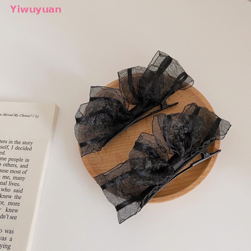 Bộ 2 Kẹp Tóc Hình Nơ Phối Ren Màu Đen / Be Thời Trang Dự Tiệc Cho Bạn Gái