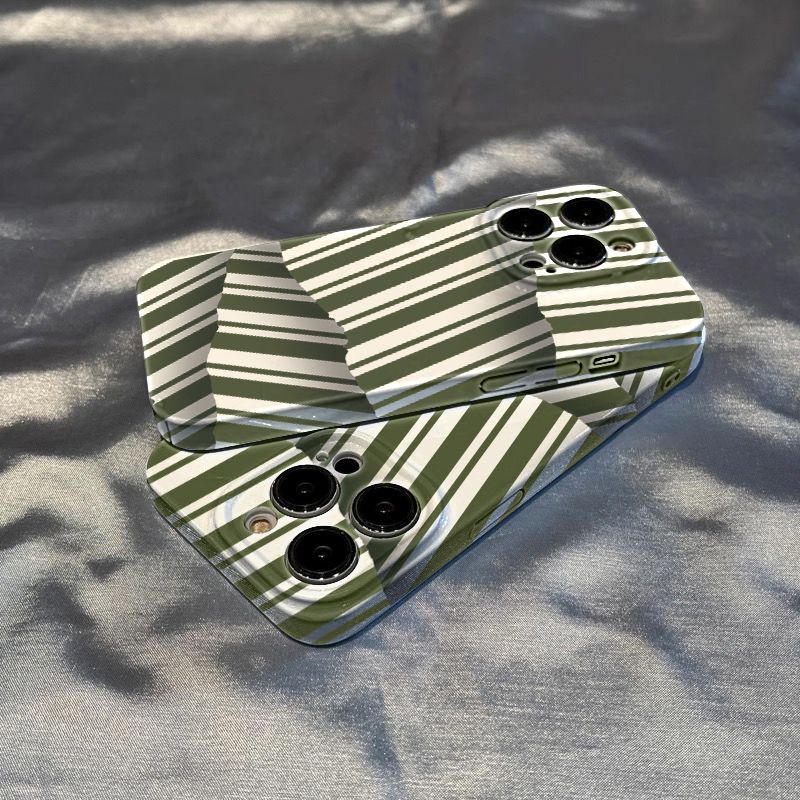 Ốp Điện Thoại Họa Tiết Kẻ Sọc Màu Xanh Lá Phong Cách Hàn Quốc Sang Trọng Cho iPhone13 78ON 12 14Pro / XR Max