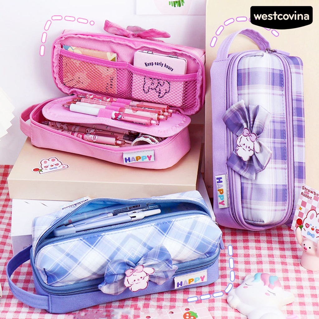 [COD]♪Túi Đựng Bút Bằng Vải Bạt Hai Lớp Sức Chứa Lớn Thắt Nơ