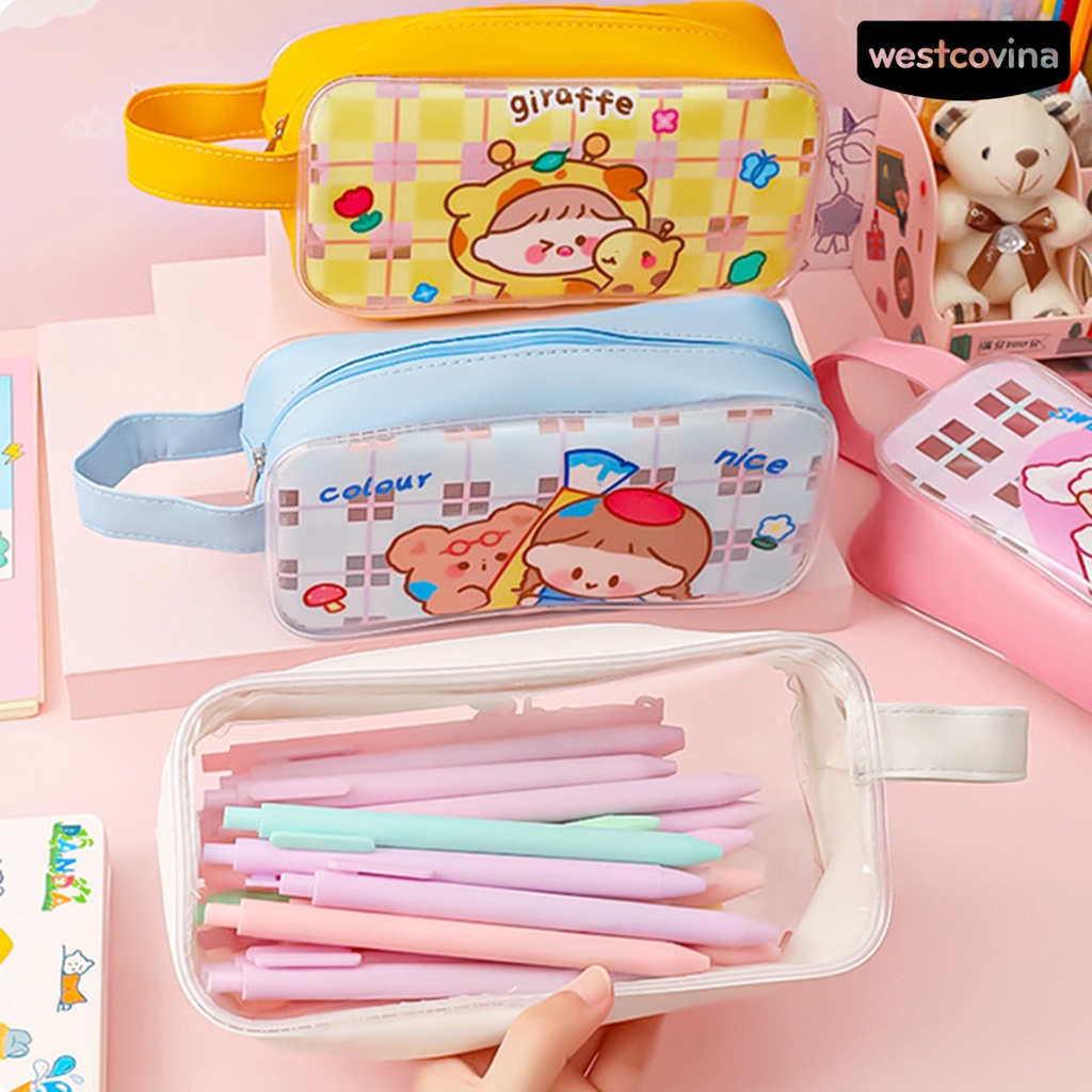 [COD]♪Túi Đựng Bút Trong Suốt Chống Thấm Nước Sức Chứa Lớn Có Dây Khóa Kéo In Họa Tiết Hoạt Hình