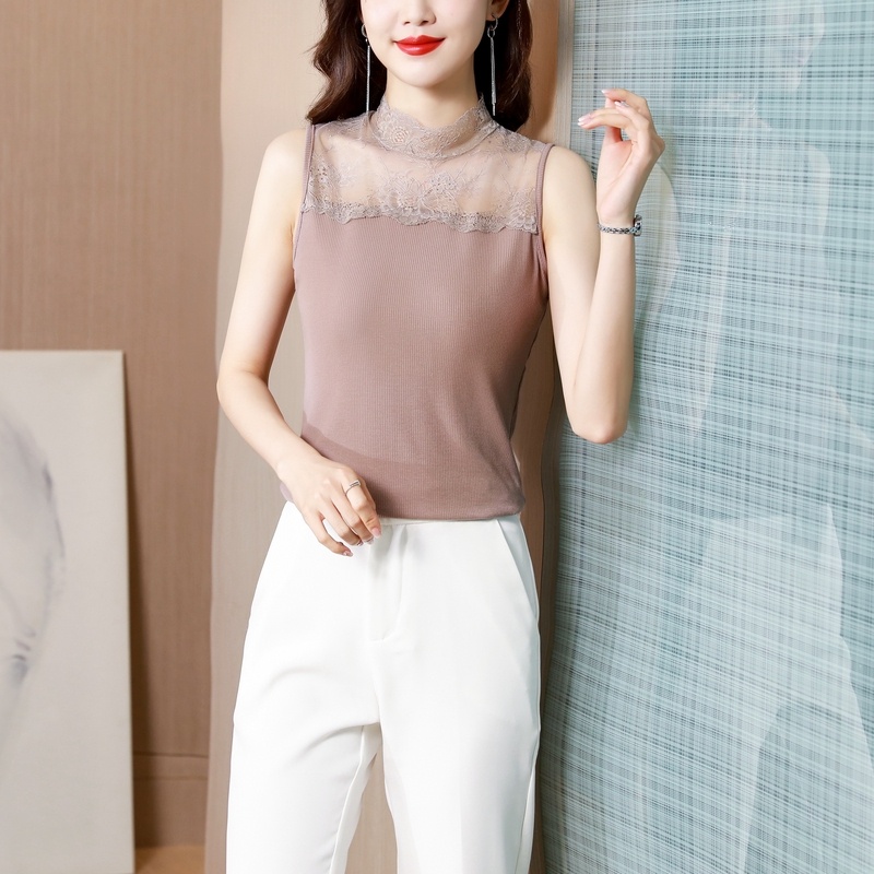Áo Sát Nách Cổ Lọ Dáng Ôm Phối Ren Thời Trang Xuân Thu Cho Nữ