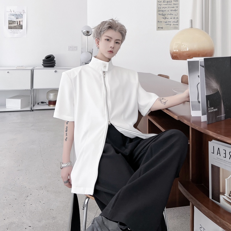 Áo Sơ Mi Tay Ngắn Phối Khóa Kéo Đôi Phong Cách Hàn Quốc Thời Trang Cho Nam