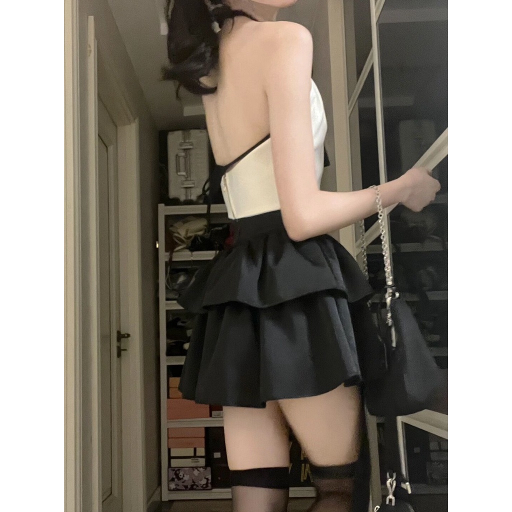 Set Áo Hai Dây Và Chân Váy Xếp Tầng Vải Satin Màu Trơn Phong Cách Mới Mùa Hè 2023