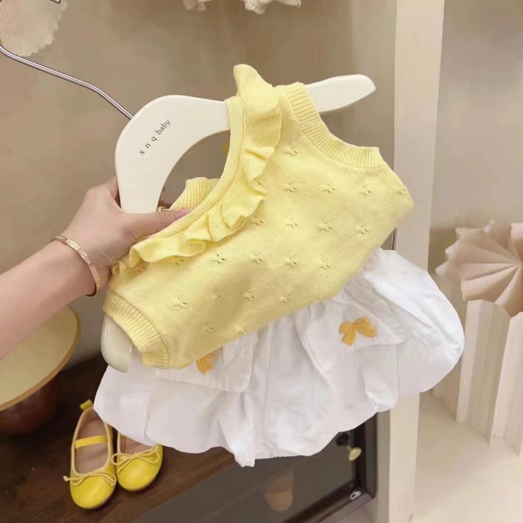 Hàng Mới Về Bộ Áo Thun Tay Ngắn Phối Bèo + Quần Short Dệt Kim Dễ Thương Phong Cách Hàn Quốc Thời Trang Mùa Hè Cho Bé Gái 5