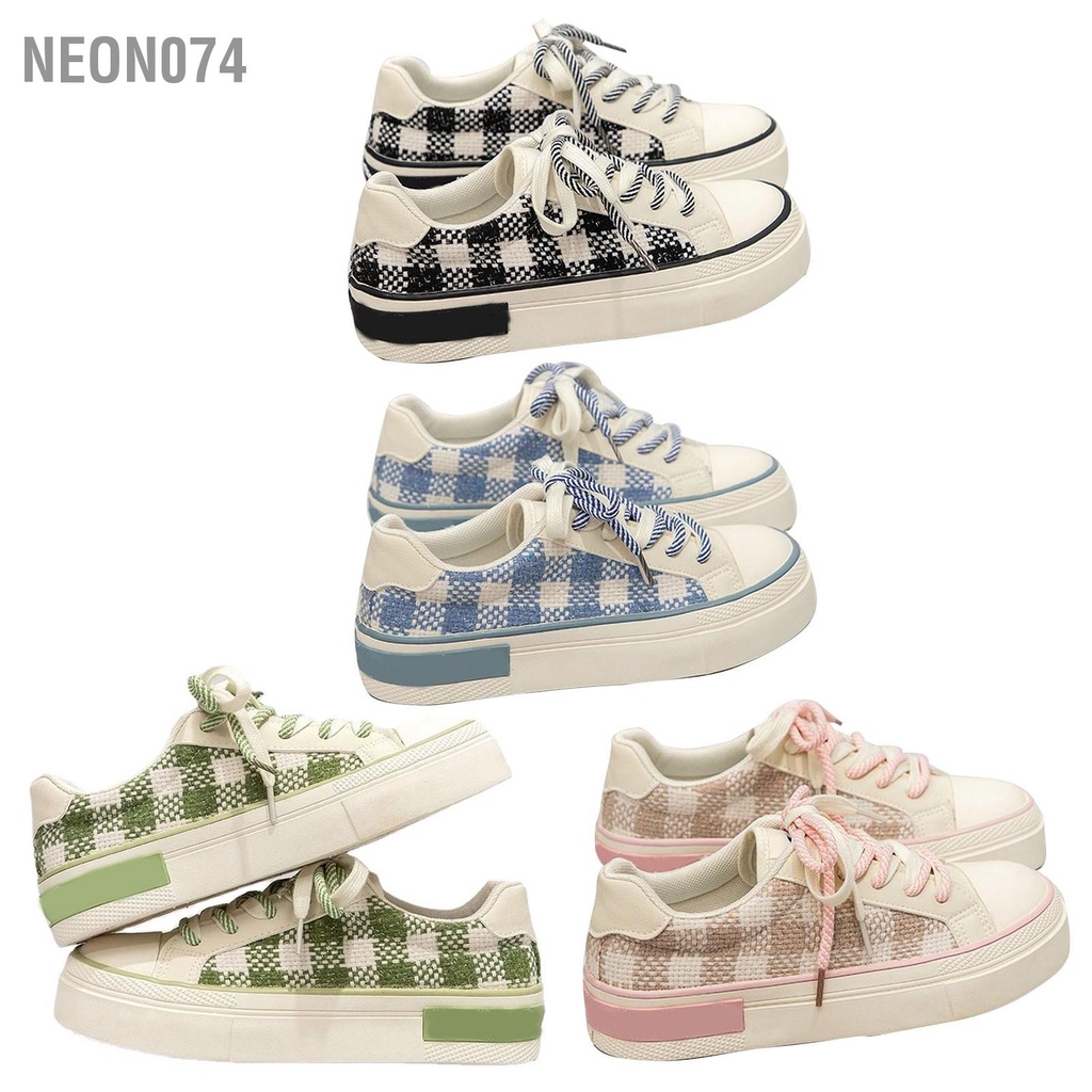 Neon074 Giày Vải Nữ Chống Trơn Trượt Mềm Mại Đế Dày Mũi Tròn Nhẹ Kẻ Sọc Phối Ren Thường Cho Mùa Thu