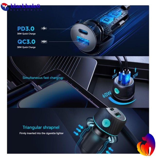 Bộ Sạc Nhanh 60w Qc3.0 Pd 7 Màu Sắc Công Suất Cao Chuyên Dụng Cho Xe Hơi