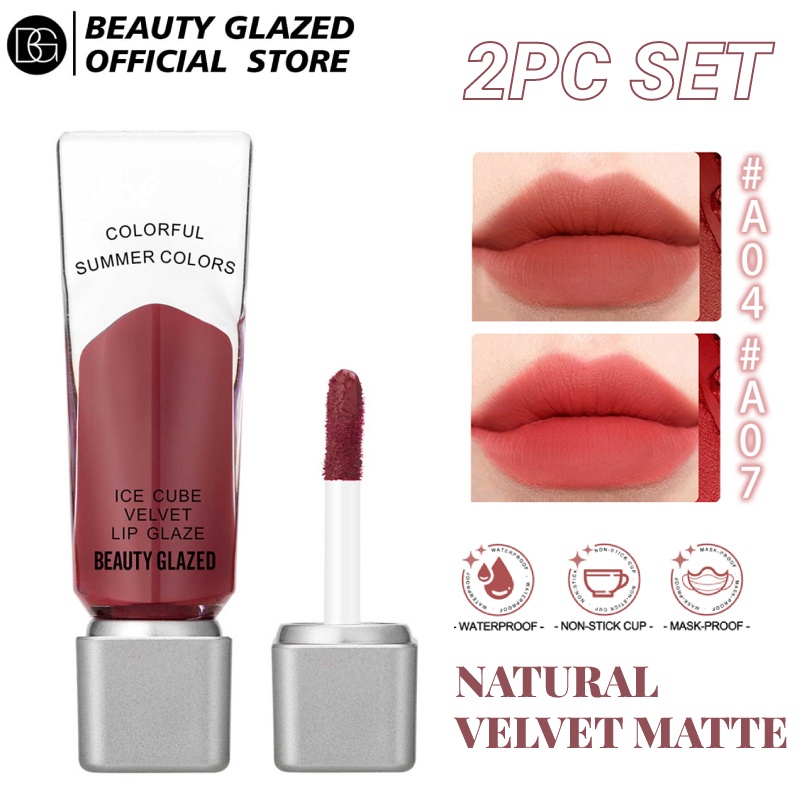 Set 2 Son Kem Lì BEAUTY GLAZED Chống Dính Cốc Thiết Kế Hình Que Kem Xinh Xắn