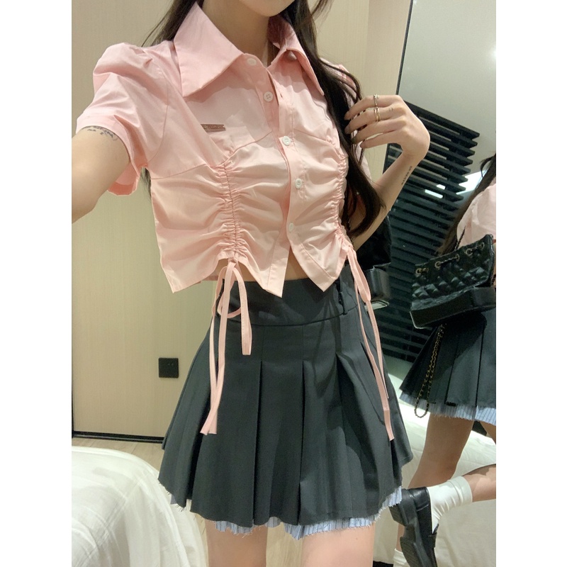 Áo Sơ Mi Tay Ngắn Phối Dây Rút Thiết Kế Đơn Giản Thời Trang Mùa Hè Năng