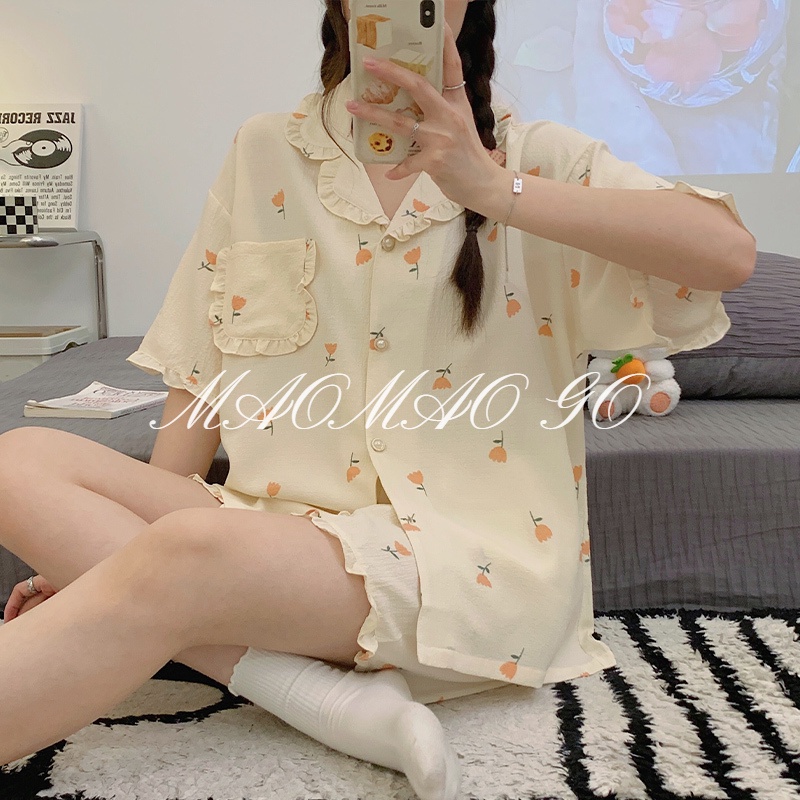 Maomao GO Bộ Đồ Ngủ Ngắn Tay Bằng Vải cotton crepe Dệt Phối Khung Kéo Mới Dành Cho Bạn Nữ Mặc Ở Nhà