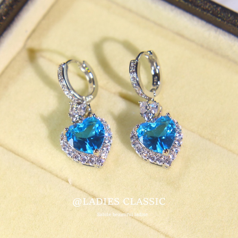 Bộ Dây Chuyền + Bông Tai Hình Trái Tim Đính Đá Sapphire Xanh Đỏ Thời Trang Cho Nữ