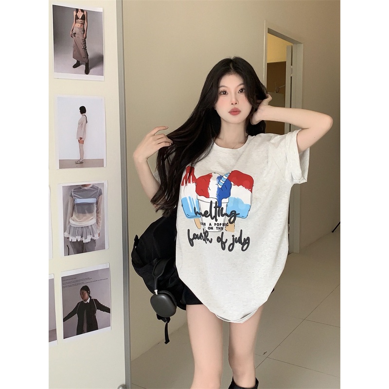 Áo Thun Nữ Dáng Rộng In Hình Cây Kem Dễ Thương