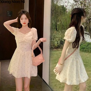 Xiang Nian Ni Đầm Công Chúa Tay Ngắn Phồng In Hoa Dáng Ôm Cổ Tích