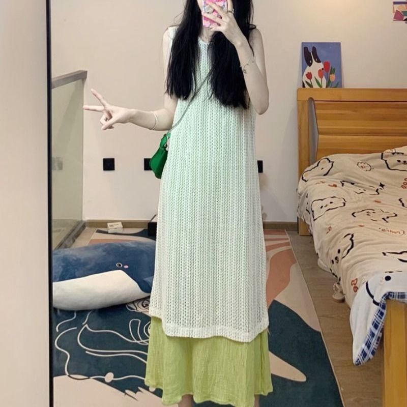 Set Đầm Hai Dây Dáng Dài Xẻ Tà Màu Xanh Lá Phong Cách Pháp Thời Trang Cho Nữ