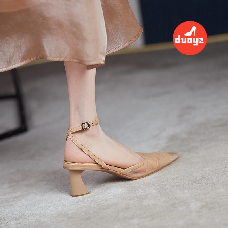 Giày Sandal Cao Gót Mũi Nhọn Phối Lưới Phong Cách Mới Mùa Hè Cho Nữ